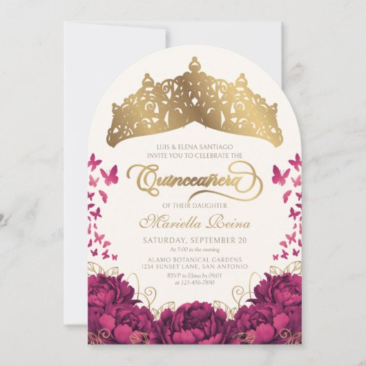 Princess Crown Bourgondische vlinders Quinceanera Kaart (Voorkant)