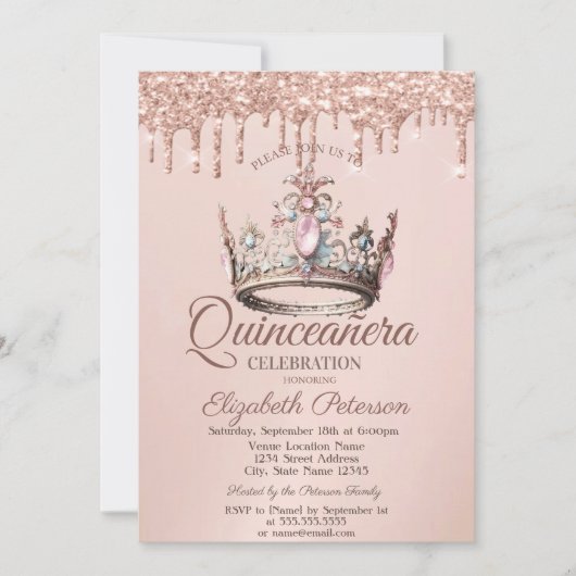 Princess Crown Castle Roos Gouden Drips Quinceañer Kaart (Voorkant)