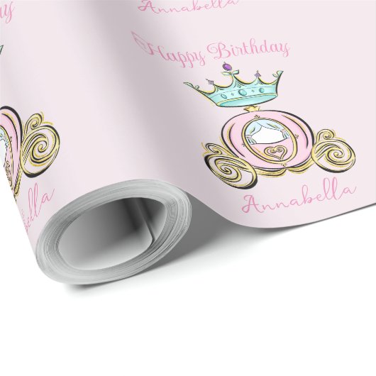 Princess Crown en Carriage on Light Pink Cadeaupapier (Rol Hoek)