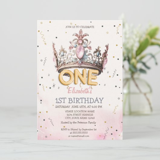 Princess Crown Fairytale 1st Birthday  Kaart (Staand voorkant)