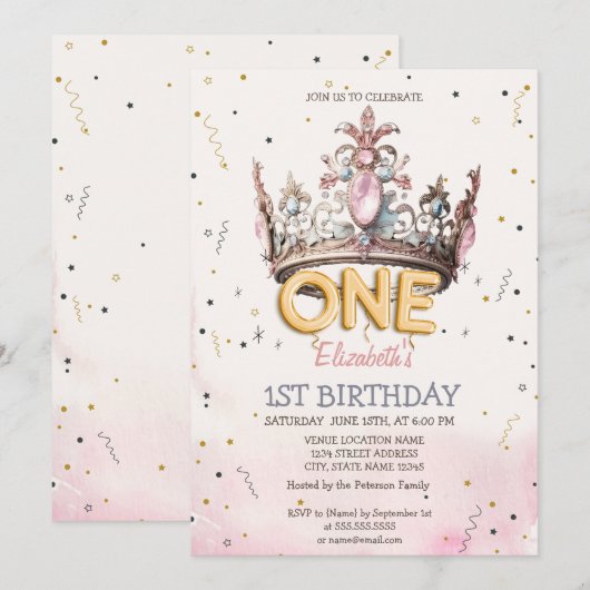 Princess Crown Fairytale 1st Birthday  Kaart (Voorkant / Achterkant)