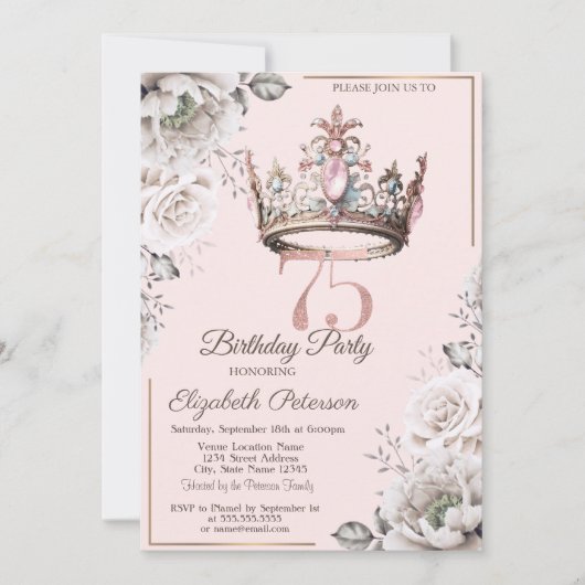 Princess Crown Floral 75e verjaardagsfeest Kaart (Voorkant)