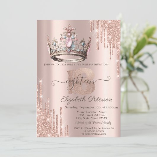 Princess Crown Glitter Drips Roos Goud 18e Kaart (Staand voorkant)