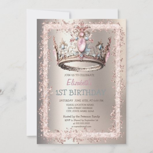 Princess Crown Glitter Lijst Ivoor Verjaardag Kaart (Voorkant)