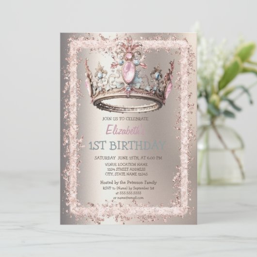Princess Crown Glitter Lijst Ivoor Verjaardag Kaart (Staand voorkant)