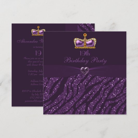 Princess Crown Heart & Zebra Glitter 19th Birthday Kaart (Voorkant / Achterkant)
