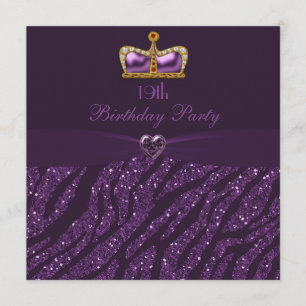 Princess Crown Heart & Zebra Glitter 19th Birthday Kaart