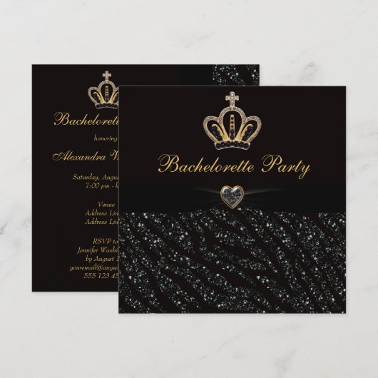 Princess Crown Heart & Zebra Glitter Bachelorette Kaart (Voorkant / Achterkant)
