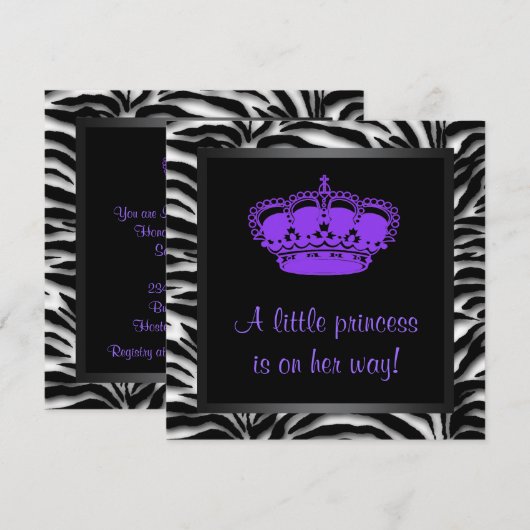 Princess Crown Paarse Zebra Baby shower Kaart (Voorkant / Achterkant)
