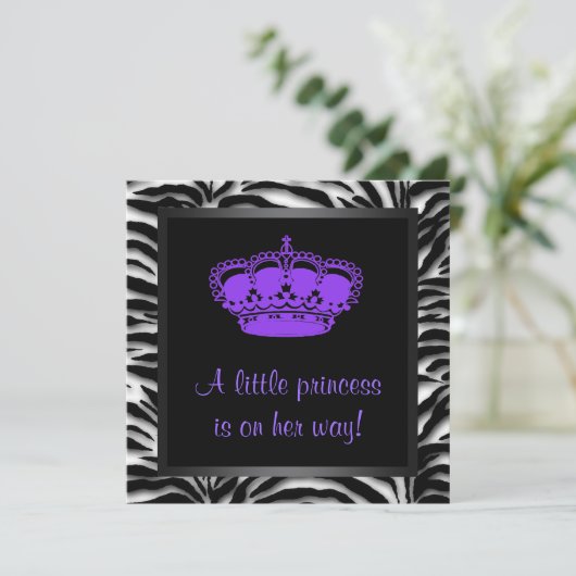 Princess Crown Paarse Zebra Baby shower Kaart (Staand voorkant)