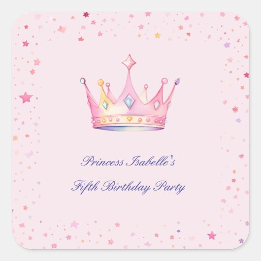 Princess Crown Pastel Roze Meisje Verjaardag Vierkante Sticker (Voorkant)