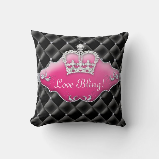 Princess Crown Pillow Tufted Satin Diamonds Black Kussen (Voorkant)