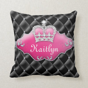 Princess Crown Pillow Tufted Satin Diamonds Black Kussen