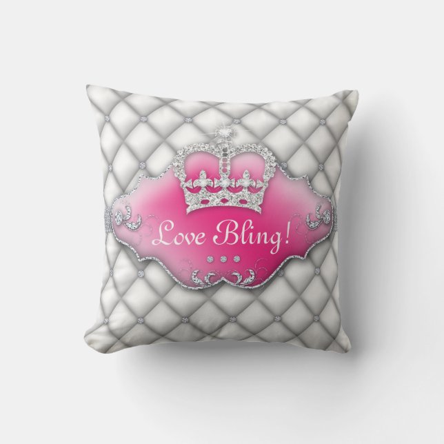 Princess Crown Pillow Tufted Satin Diamonds BW Kussen (Voorkant)