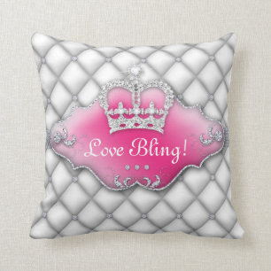 Princess Crown Pillow Tufted Satin Diamonds BW Kussen