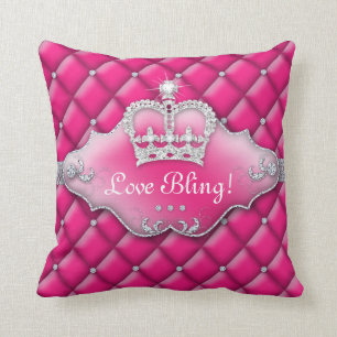 Princess Crown Pillow Tufted Satin Diamonds Roze Kussen