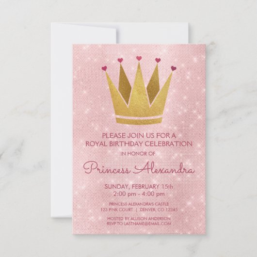 Princess Crown Pink - Roos Gold Verjaardag Kaart (Voorkant)