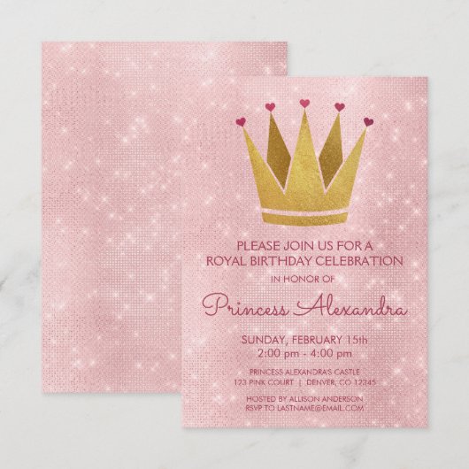 Princess Crown Pink - Roos Gold Verjaardag Kaart (Voorkant / Achterkant)