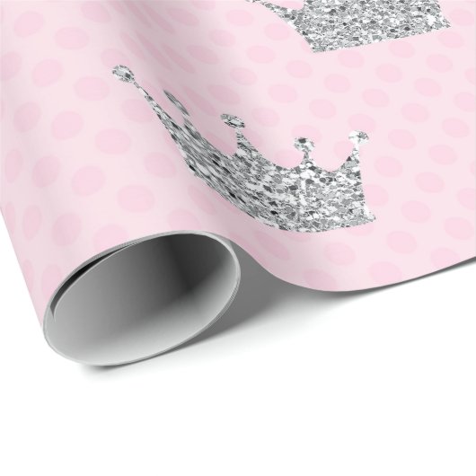 Princess Crown Pink Silver Stippen Shiny Vip Cadeaupapier (Rol Hoek)