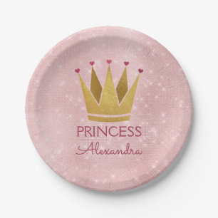 Princess Crown Roos Goud Blush Roze Sparkle Papieren Bordje