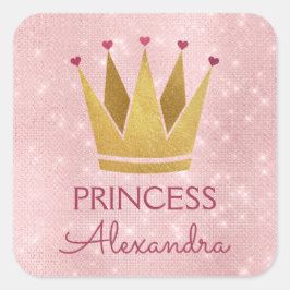 Princess Crown Roos Goud Blush Roze Sparkle Vierkante Sticker