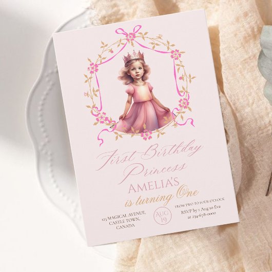 Princess Crown Roze 1e verjaardagsfeestje Kaart