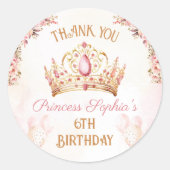Princess Crown Roze Bloemen Meisje Verjaardagsguns Ronde Sticker (Voorkant)