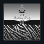 Princess Crown Zebra Glitter 21st Birthday Kaart<br><div class="desc">Glamoureuze zwarte en zilverkleurige glamoureuze viering 21 jaar / 21 jaar / 21 jaar feest. Elegant en stijlvol, op maat gedrukt zebra dierlijk bijvoegsel glitter ziet er uit met een prachtige prinseskroon met diamanten en zwarte juwelen en een schattig, dikke, dunne hardejuweel en gedrukt lint op een platina zilveren glamour-achtergrond....</div>