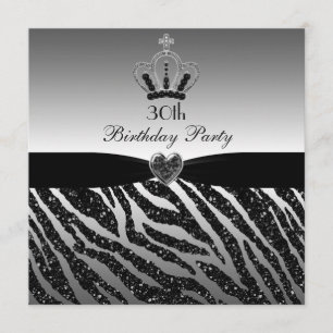 Princess Crown Zebra Glitter 30th Birthday Kaart