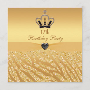 Princess Crown & Zebra Glitter Print 17th Birthday Kaart