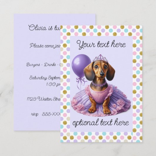 Princess Dachshund Party Kaart (Voorkant / Achterkant)