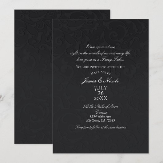 Princess Damask Black Elegant Storybook Wedding Kaart (Voorkant / Achterkant)