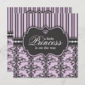 Princess Damask & Stripe Black Paars Baby shower Kaart (Voorkant / Achterkant)
