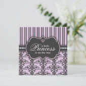 Princess Damask & Stripe Black Paars Baby shower Kaart (Staand voorkant)