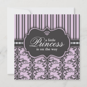 Princess Damask & Stripe Black Paars Baby shower Kaart