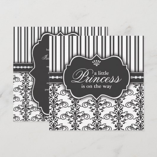 Princess Damask & Stripe Black & White Baby shower Kaart (Voorkant / Achterkant)