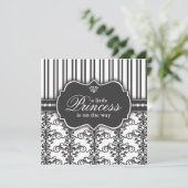 Princess Damask & Stripe Black & White Baby shower Kaart (Staand voorkant)