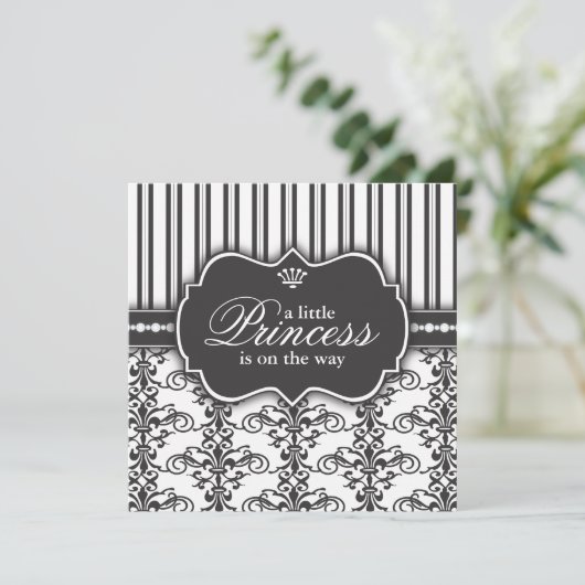Princess Damask & Stripe Black & White Baby shower Kaart (Staand voorkant)