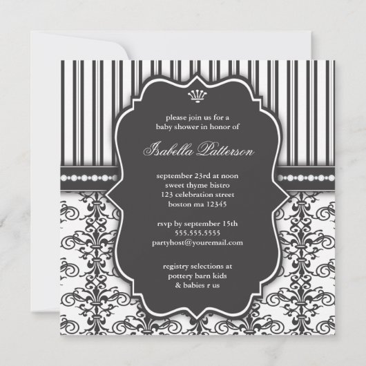 Princess Damask & Stripe Black & White Baby shower Kaart (Achterkant)