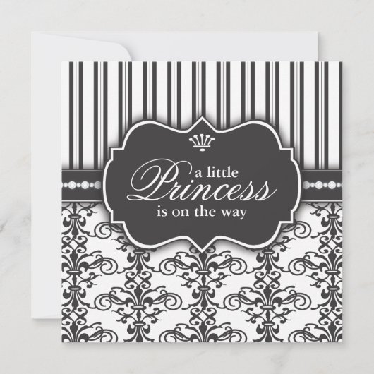 Princess Damask & Stripe Black & White Baby shower Kaart (Voorkant)