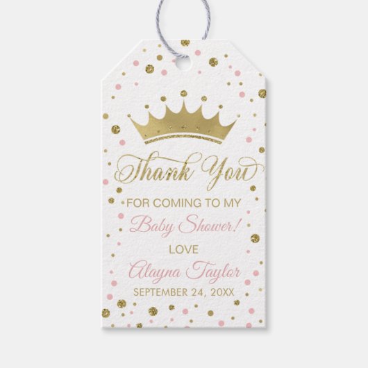 Princess Dank u Label, roze, faux glitter, kroon Cadeaulabel (Voorkant)