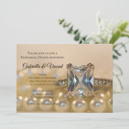 Princess Diamanten Ring Parels Oefen Diner Uitnodi Kaart (Staand voorkant)