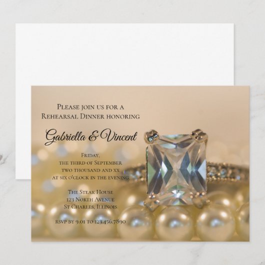 Princess Diamanten Ring Parels Oefen Diner Uitnodi Kaart (Voorkant / Achterkant)