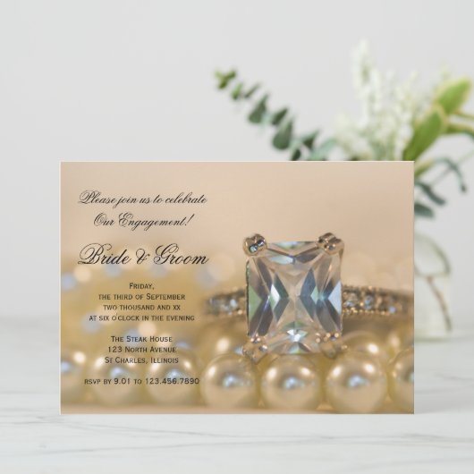 Princess Diamond en White Pearls Engagement Party Kaart (Staand voorkant)