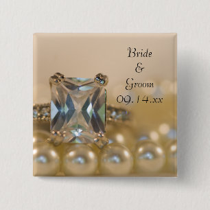 Princess Diamond Ring and White Pearls Wedding Vierkante Button 5,1 Cm