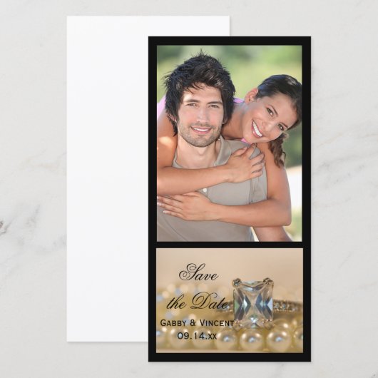 Princess Diamond Ring Pearls Wedding Save the Date (Voorkant / Achterkant)