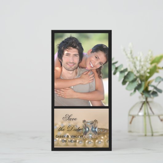 Princess Diamond Ring Pearls Wedding Save the Date (Staand voorkant)