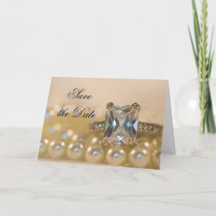 Princess Diamond Ring Pearls Wedding Save the Date Aankondiging