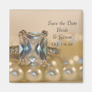 Princess Diamond Ring Pearls Wedding Save the Date Magneet