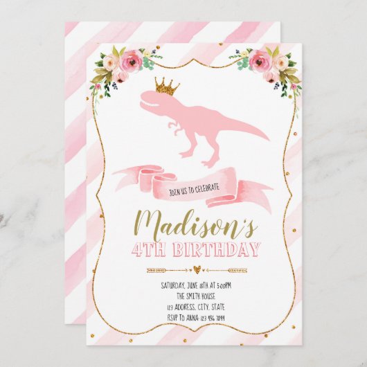 Princess dinosaur partijuitnodiging kaart (Voorkant / Achterkant)